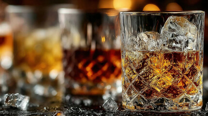 Close-up of whiskey on the rocks in a patterned glass.