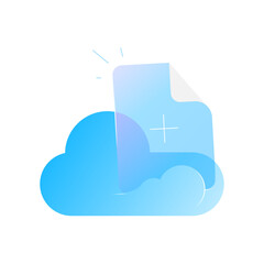 Modern vector illustration of cloud upload. floating document and plus icon. drag and drop file upload area, add document button, cloud storage placeholder, or file management ui for web and app