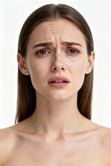 Close-up portrait of a concerned woman, expressive and emotional, with an upset expression.