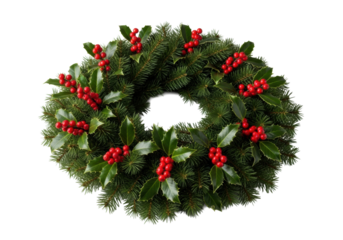 a photorealistic traditional christmas wreath with pine boughs, holly leaves, and bright red berries, captured in a 45-degree high-angle studio shot against transparent. concept for festive holiday