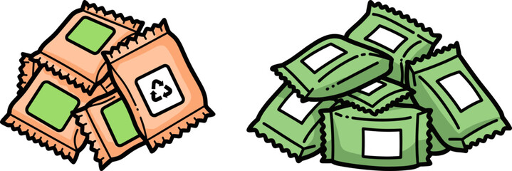 Recyclable packaging materials piled together on a transparent background with green and orange wrappers promoting sustainability and eco-friendly initiatives