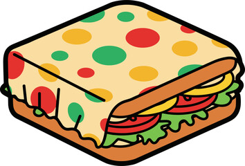 Colorful sandwich with tomatoes, lettuce, and cheese on a white background, showcasing vibrant colors and playful design that attracts attention in a food setting.