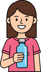 Smiling girl holding a blue water bottle in a pink shirt against a transparent background, promoting hydration and healthy living for kids and adults alike