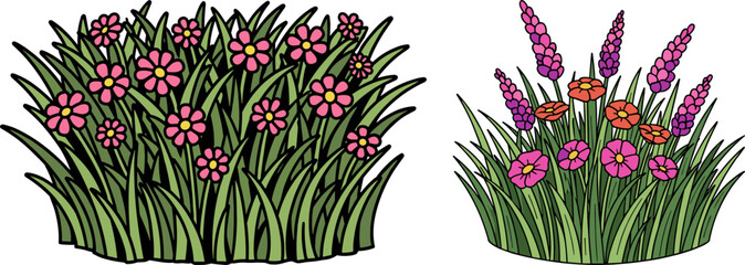 Colorful flowers blooming in vibrant grass on a transparent background creating a joyful, lively nature scene showcasing spring beauty and ecological diversity