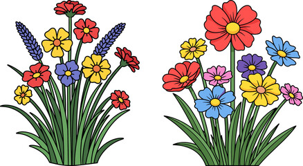 Colorful bouquet of flowers with various shapes and colors, isolated on a transparent background, showcasing ecological beauty and diverse plant life.