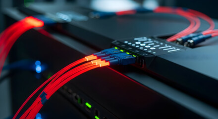 Close-up of fiber optic cables glowing red and blue, connected to network switches in a data center, illustrating high-speed internet and data transmission.