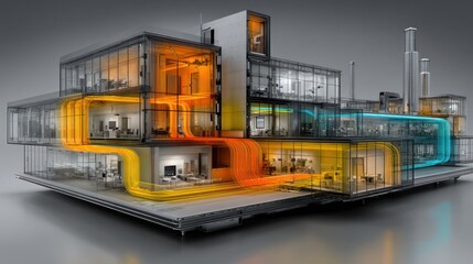 Modern building with glowing orange and blue energy flows showcasing advanced infrastructure