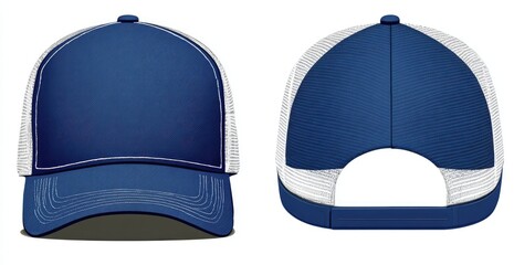 Blue trucker hat design with white mesh backing, front and back views