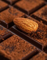 Close Up Macro Shot Of A Dark Chocolate Bar Topped With A Single Almond And Cocoa Powder