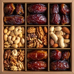 A Carton Box Filled With Assorted Dried Fruits And Nuts Including Dates Walnuts Cashews And Pistachios Displayed In Grid Sections With Top Down View