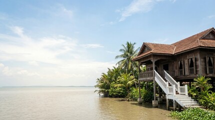 A wide cinematic composition featuring a traditional Malay wooden stilt house in Malaysia.
The house is deliberately placed on the left side of the frame, allowing a large, clean, and dramatic negativ