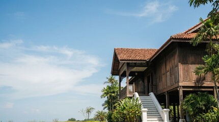 A wide cinematic composition featuring a traditional Malay wooden stilt house in Malaysia.
The house is deliberately placed on the left side of the frame, allowing a large, clean, and dramatic negativ