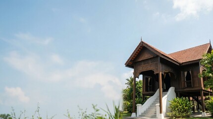 A wide cinematic composition featuring a traditional Malay wooden stilt house in Malaysia.
The house is deliberately placed on the left side of the frame, allowing a large, clean, and dramatic negativ