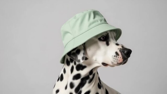 stylish dalmatian dog side profile green hat studio portrait minimal aesthetic calm character modern mood
