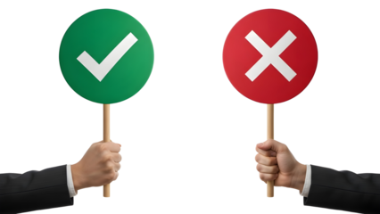 Hands Holding Green Checkmark and Red Cross Sign Boards