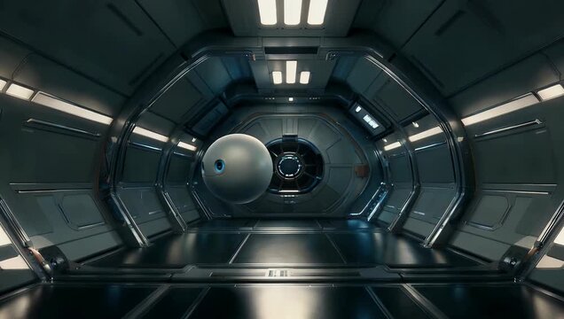 Futuristic 4K sci fi scene showing small spherical object floating weightlessly inside sleek spacecraft interior advanced space technology design clean lighting science fiction 