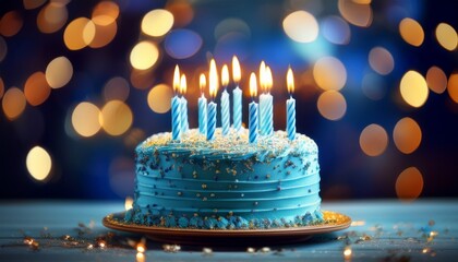 A Blue Birthday Cake With Lit Candles Surrounded By A Bokeh Effect Of Warm Lights