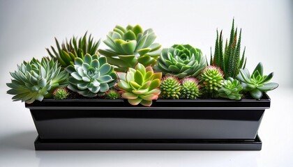 Succulents Thriving In A Black Rectangular Planter Against A White Background