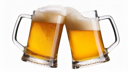 Two Beer Mugs Clinking Together With Frothy Beer Isolated On Transparent Background