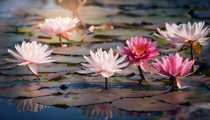 Pink And White Water Lilies On A Pond With Lily Pads