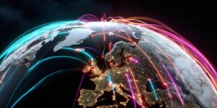 Global Connectivity: A mesmerizing digital representation of interconnectedness encircles a detailed Earth, radiating vibrant lines of communication across the continents.