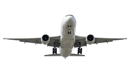 Fototapeta premium a photorealistic twin-engine airplane with fully deployed landing gear, angled dynamically against a shadowless transparent studio background, high quality concept of modern aviation and