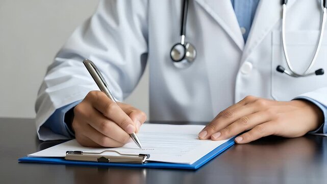 A focused doctor in a white coat writing on a clipboard, capturing a moment of professionalism and care in a medical setting.