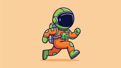 Cartoon Astronaut Running with Green Helmet and Orange Suit.