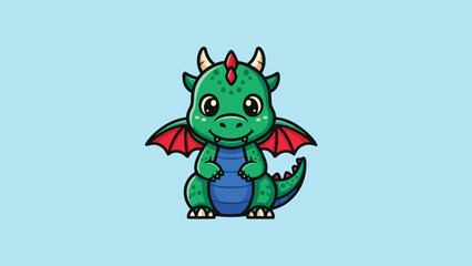Adorable Green Dragon Cartoon Character with Red Wings and Horns.