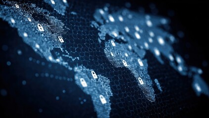 a digital map of the world with hexagonal patterns and white padlock icons scattered across various global areas, representing advanced cybersecurity technology Generative AI