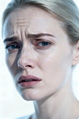 Close-up portrait of a worried woman with blue eyes expressing concern and vulnerability in detail.