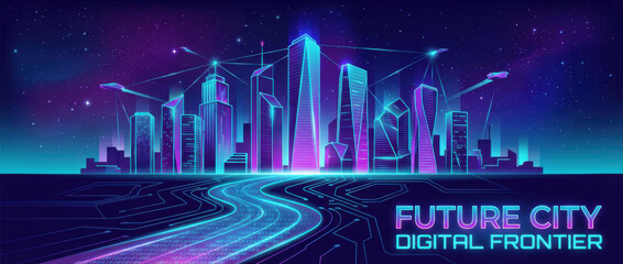 Future city skyline technology background abstract digital modern concept glowing neon design illustration over circuit highway night sky Abstract technology background concept