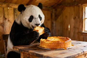 Panda bear eating honey and cheese cake 