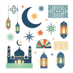 Fototapeta premium Islamic Symbols: Mosque, Crescent Moon, Lanterns, Stars, and Ornate Decorations