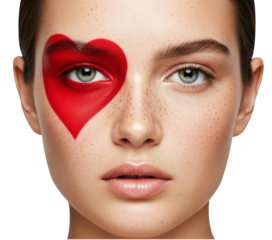 Close up female face with red heart makeup design  png isolated on transparent background
