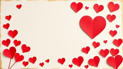 Red paper hearts forming a decorative frame on a light background with empty space for text. Ideal for love messages, greeting cards, invitations, and romantic designs.