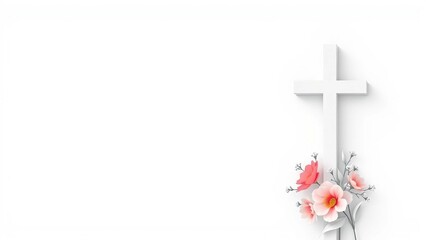 Minimal funeral card design with white cross and soft floral elements on a clean background. Elegant sympathy and memorial template with generous space for text.