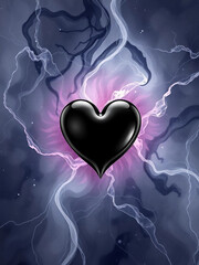 Glossy black heart floating with glowing energy and abstract smoke on dark background. Dramatic love concept representing mystery, emotion, passion, and gothic romance.