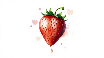 Watercolor illustration of a fresh red strawberry with dripping juice on white background. Sweet fruit art perfect for food, summer, healthy lifestyle, and dessert designs.