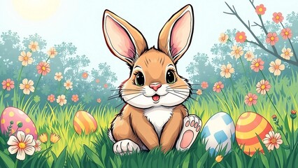 Cute watercolor illustration of a happy Easter bunny sitting in a spring meadow with colorful eggs and flowers. Perfect for Easter, children, and festive designs.