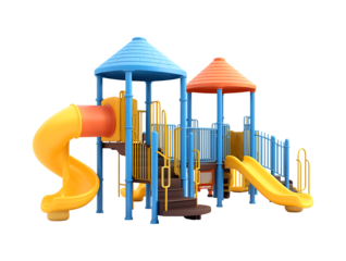 Brightly Colored Kids Playground Structure with Slides and Turrets  Isolated on Transparent Background