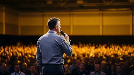 A confident speaker engages a large audience in a professional setting, conveying expertise and inspiration.