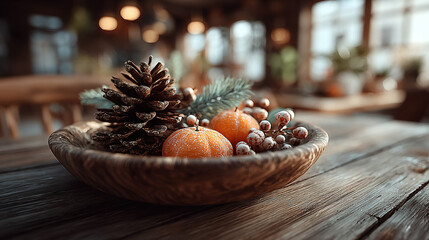 Festive centerpiece with pinecone, oranges, and frosted berries on wooden table.