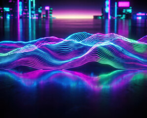 Background technology abstract design digital modern concept neon light wave flowing across reflective surface futuristic city skyline in distance Abstract technology background concept