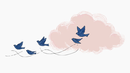 Flat illustration of blue birds flying from pink cloud with trailing lines. Minimal design for spring, wellness or travel-themed packaging, greeting cards or home decor with copy space