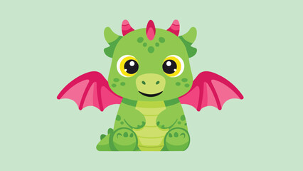 Adorable Green Dragon with Pink Wings and Horns Illustration.