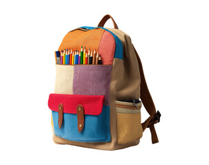 Colorful Patchwork Backpack Filled with Vibrant Colored Pencils and Art Supplies  Isolated on Transparent Background