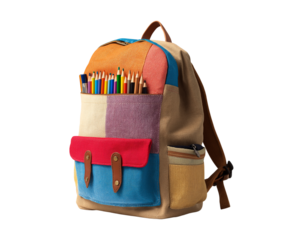 Colorful Patchwork Backpack Filled with Vibrant Colored Pencils and Art Supplies  Isolated on Transparent Background