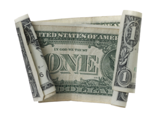 One dollar bill flying, isolated on white background, clipping