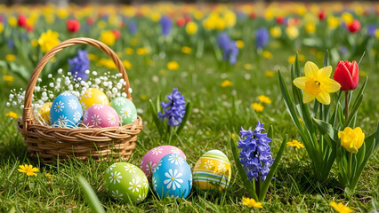 Colorful Easter eggs in a wicker basket with vibrant spring flowers on green grass for a joyful holiday celebration concept